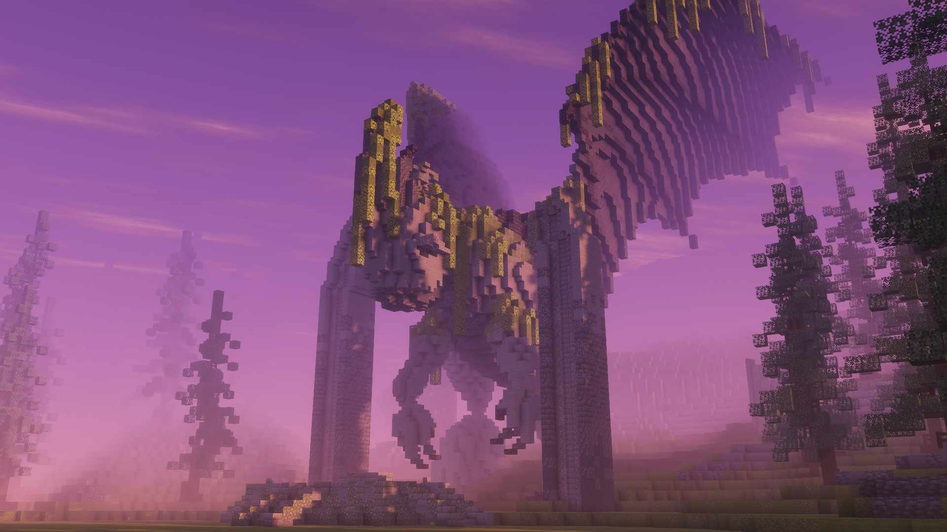 Picture of a build of a giant stone statue of a dragon in a forrest environment in the creative server