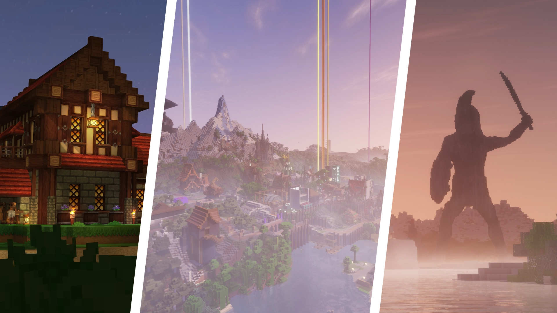 a screenshot of a house in hytale, fortunetown and a statue ofa gladiator in minecraft
